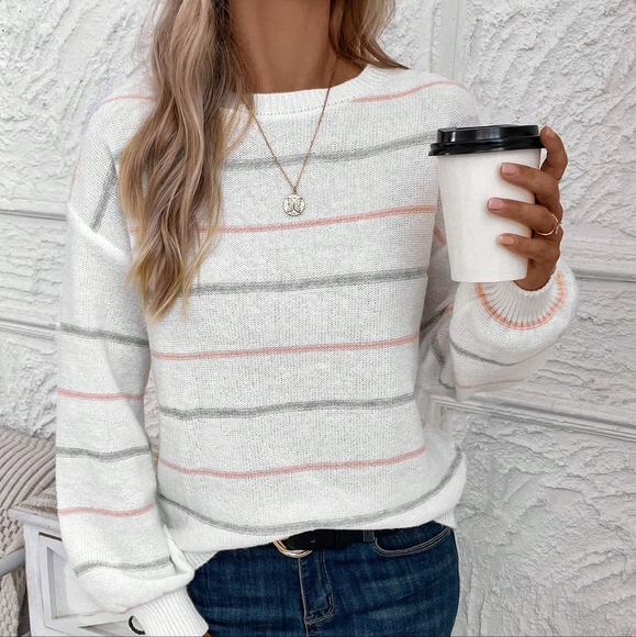 Sweaters - Women's Tightened Cuff Contrast Fine Striped Casual Sweater